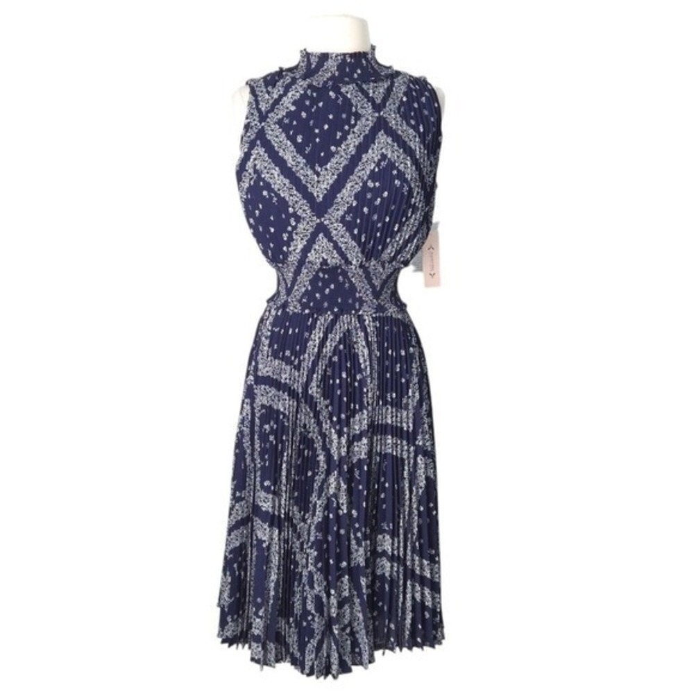 NWT Nanette Lepore Blue‎ & White Floral Diamond Pleated Sleeveless Midi Dress- 4